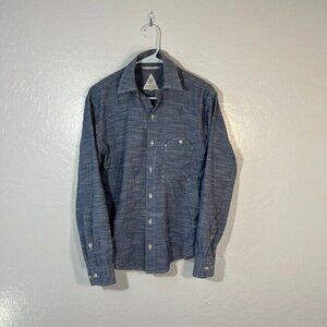 Umber and Ochre Shirt Mens Small Chambray Button up Long Sleeve Gray Blue